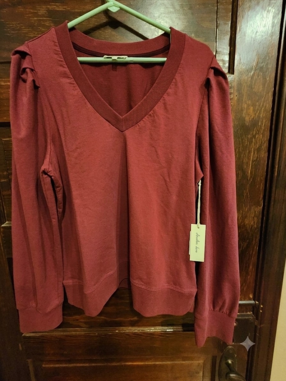 ANOTHER LOVE V-Neck Puff Sleeve Sweater - Sammi Style Plum Size Large - Picture 4 of 8